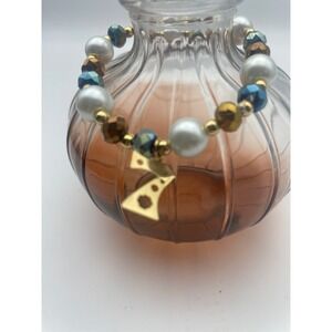 Handmade Lucky Number 7 Stretch‎ Bracelet - Faux Pearls & Metallic Faceted Beads